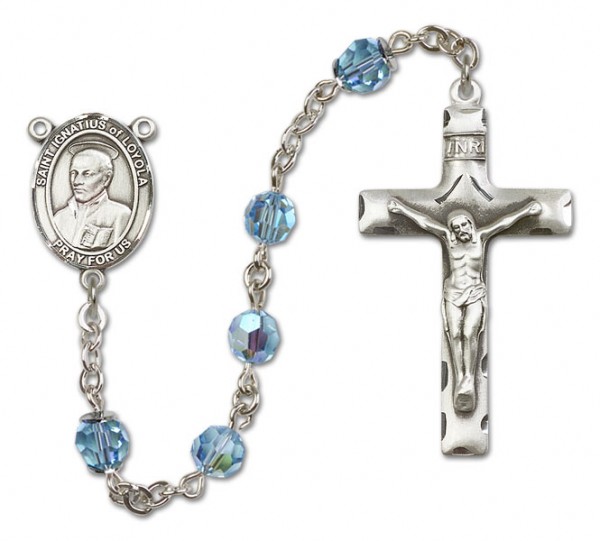 St. Ignatius of Loyola Sterling Silver Heirloom Rosary Squared Crucifix - Aqua