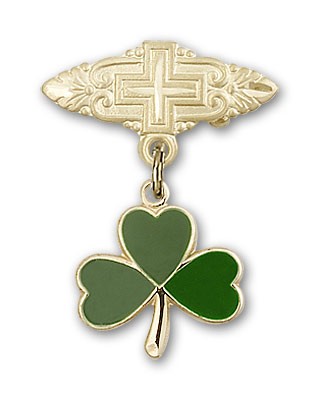 Pin Badge with Shamrock Charm and Badge Pin with Cross - 14K Solid Gold
