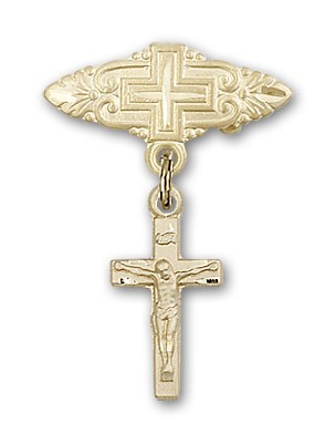 Pin Badge with Crucifix Charm and Badge Pin with Cross - Gold Tone