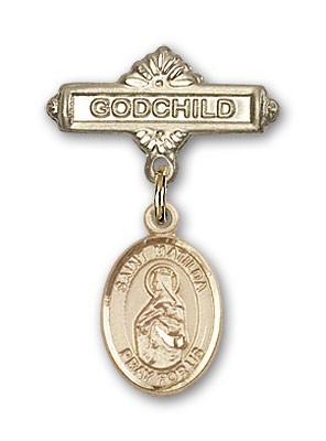 Pin Badge with St. Matilda Charm and Godchild Badge Pin - 14K Solid Gold