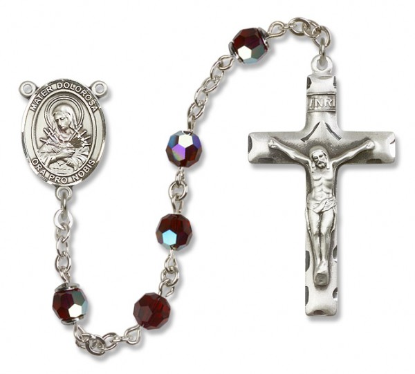 Mater Dolorosa Rosary Our Lady of Mercy Sterling Silver Heirloom Rosary Squared Crucifix - Garnet