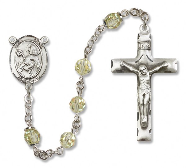 St. Kevin Sterling Silver Heirloom Rosary Squared Crucifix - Zircon