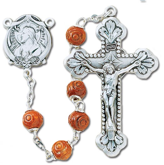 Men's Rosary with 6mm Brown Carved Wood Beads and Sterling Silver - Brown