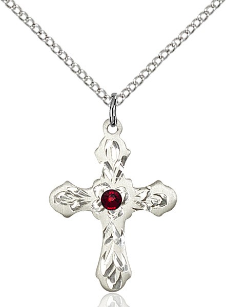 Medium Floral and Petal Cross Pendant with Birthstone Options - Garnet