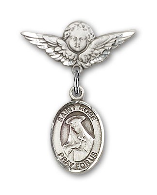 Pin Badge with St. Rose of Lima Charm and Angel with Smaller Wings Badge Pin - Silver tone