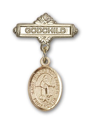 Pin Badge with St. Isidore the Farmer Charm and Godchild Badge Pin - 14K Solid Gold