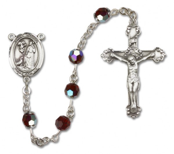 St. Rocco Sterling Silver Heirloom Rosary Fancy Crucifix - Garnet