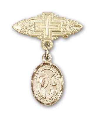 Pin Badge with Our Lady Star of the Sea Charm and Badge Pin with Cross - 14K Solid Gold