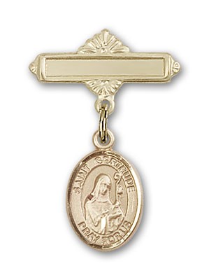 Pin Badge with St. Gertrude of Nivelles Charm and Polished Engravable Badge Pin - 14K Solid Gold
