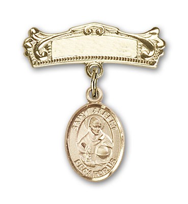 Pin Badge with St. Albert the Great Charm and Arched Polished Engravable Badge Pin - Gold Tone