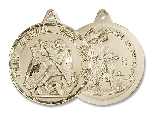 Men's Large Round Double-sided St. Michael Guardian Angel Medal - 14K Solid Gold