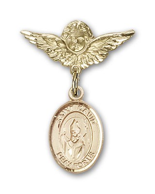 Pin Badge with St. David of Wales Charm and Angel with Smaller Wings Badge Pin - 14K Solid Gold