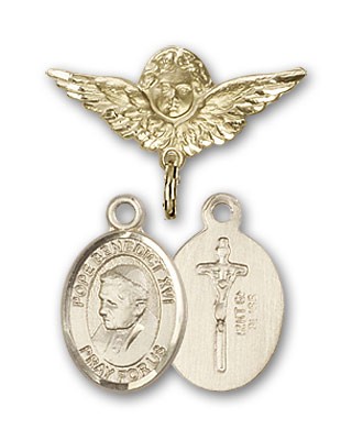 Pin Badge with Pope Benedict XVI Charm and Angel with Smaller Wings Badge Pin - Gold Tone