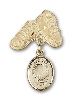 Baby Pin with Baptism Charm and Baby Boots Pin - 14K Solid Gold