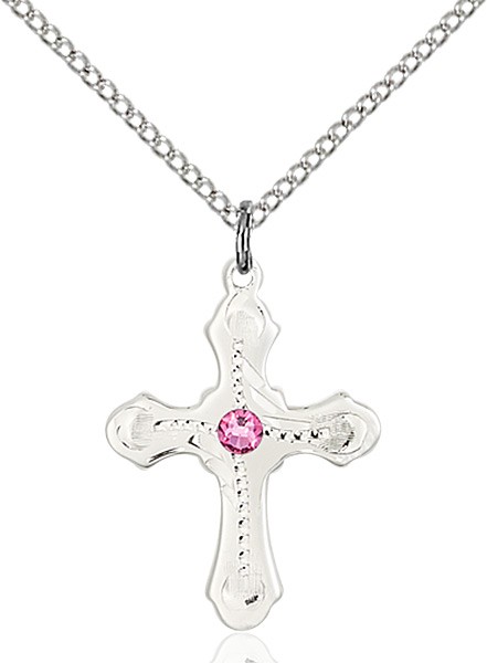 Youth Cross Pendant with Dotted Etching with Birthstone Options - Rose