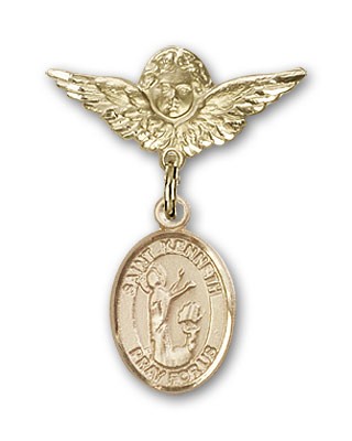 Pin Badge with St. Kenneth Charm and Angel with Smaller Wings Badge Pin - Gold Tone