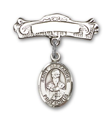 Pin Badge with St. Alexander Sauli Charm and Arched Polished Engravable Badge Pin - Silver tone