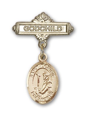 Pin Badge with St. Dominic de Guzman Charm and Godchild Badge Pin - 14K Solid Gold