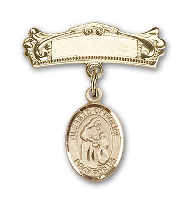 Pin Badge with Blessed Caroline Gerhardinger Charm and Arched Polished Engravable Badge Pin - 14K Solid Gold