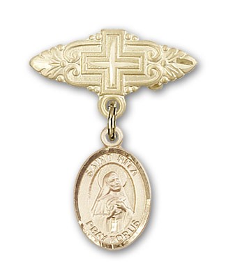 Pin Badge with St. Rita of Cascia Charm and Badge Pin with Cross - Gold Tone