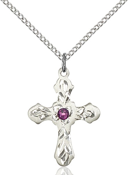 Medium Floral and Petal Cross Pendant with Birthstone Options - Amethyst