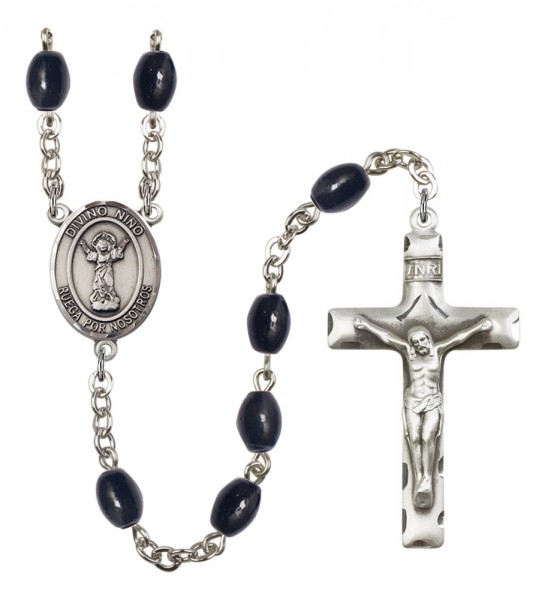 Men's Divino Nino Silver Plated Rosary - Black Oval