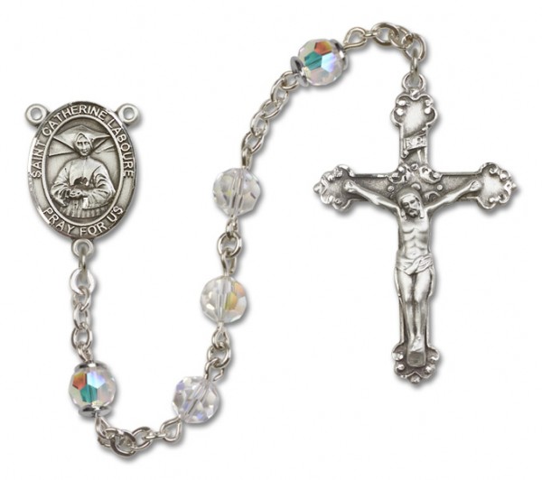 St. Catherine Laboure Sterling Silver Heirloom Rosary Fancy Crucifix - Crystal