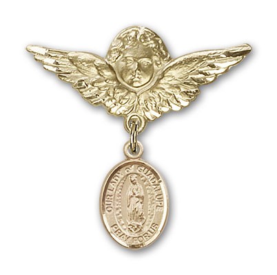 Pin Badge with Our Lady of Guadalupe Charm and Angel with Larger Wings Badge Pin - Gold Tone