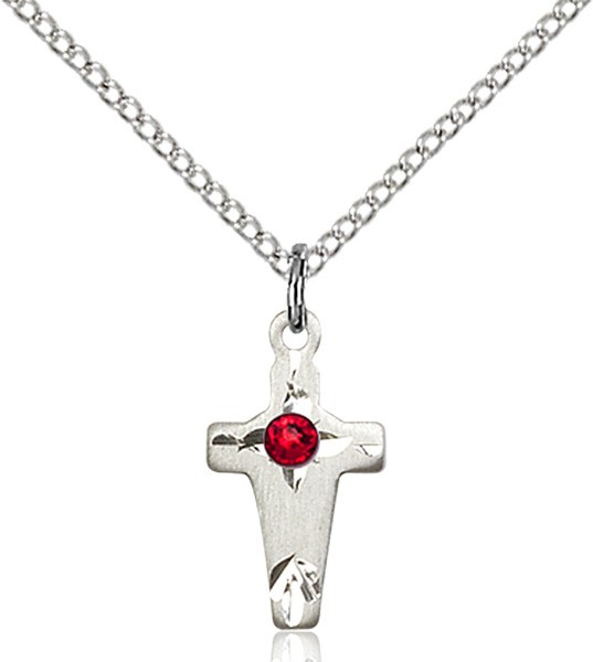 Square Edge Child's Cross Pendant with Birthstone Options - Ruby Red
