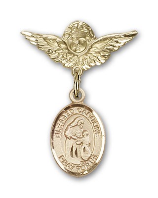 Pin Badge with Blessed Caroline Gerhardinger Charm and Angel with Smaller Wings Badge Pin - Gold Tone
