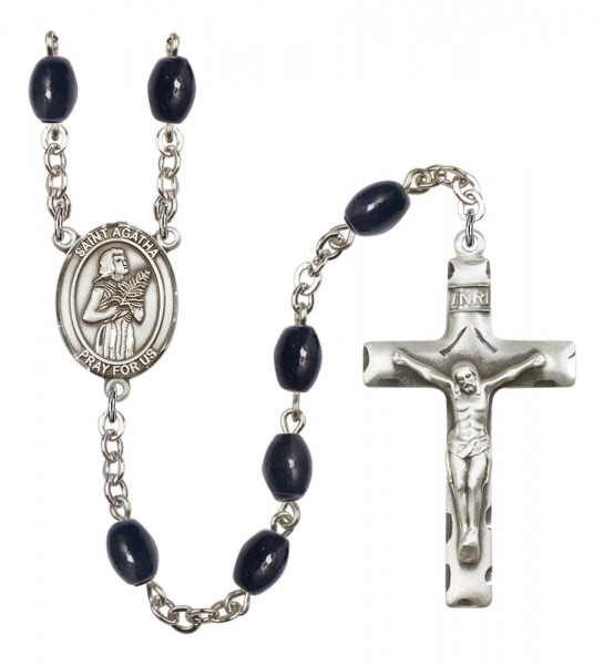 Men's St. Agatha Silver Plated Rosary - Black Oval