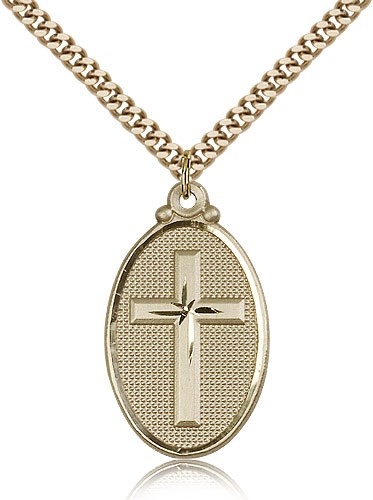 Raised Cross on Oval Pendant - 14KT Gold Filled