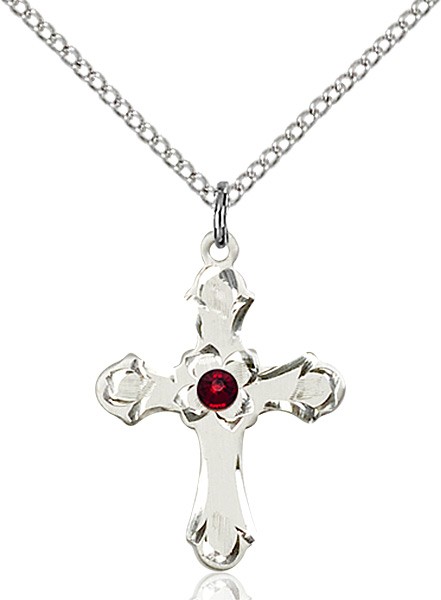 Medium Budded Cross Pendant with Etched Border Birthstone Options - Garnet