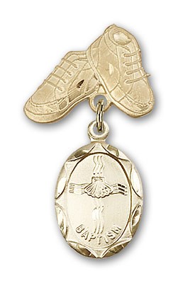 Baby Pin with Baptism Charm and Baby Boots Pin - Gold Tone