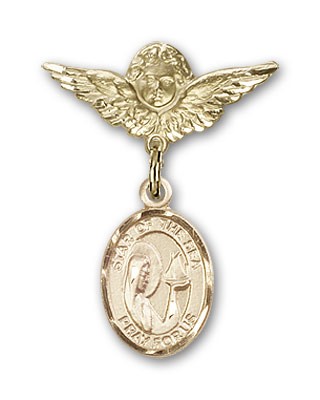 Pin Badge with Our Lady Star of the Sea Charm and Angel with Smaller Wings Badge Pin - 14K Solid Gold
