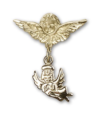 Baby Pin with Guardian Angel Charm and Angel with Smaller Wings Badge Pin - 14K Solid Gold