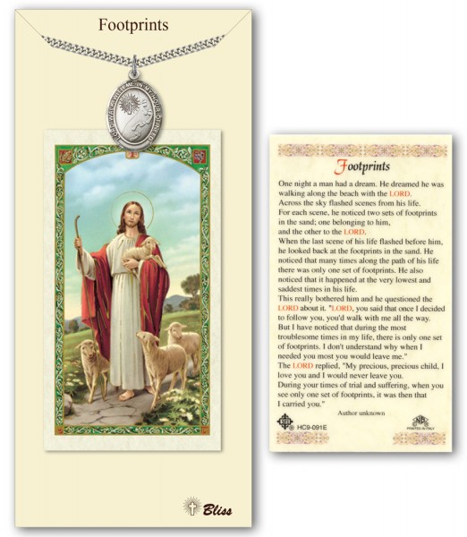 Footprints Medal in Pewter with Prayer Card - Silver tone