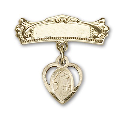 Pin Badge with Guardian Angel Charm and Arched Polished Engravable Badge Pin - Gold Tone