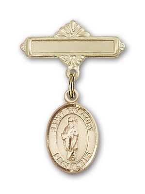 Pin Badge with St. Gregory the Great Charm and Polished Engravable Badge Pin - 14K Solid Gold