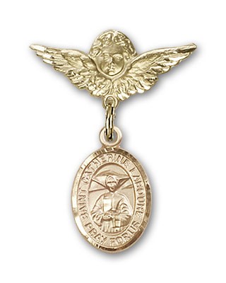 Pin Badge with St. Catherine Laboure Charm and Angel with Smaller Wings Badge Pin - 14K Solid Gold
