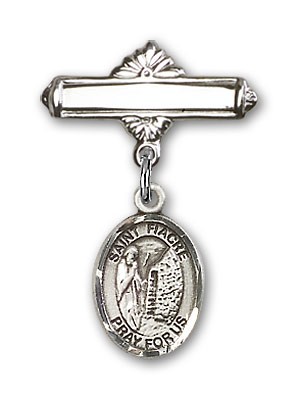 Pin Badge with St. Fiacre Charm and Polished Engravable Badge Pin - Silver tone