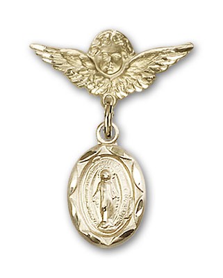Baby Pin with Miraculous Charm and Angel with Smaller Wings Badge Pin - Gold Tone