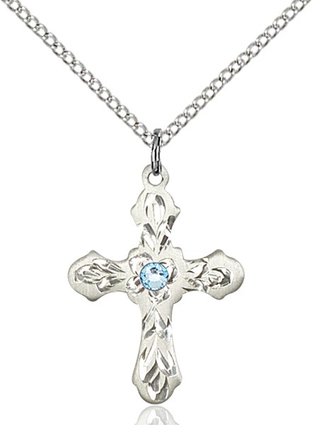 Medium Floral and Petal Cross Pendant with Birthstone Options - Aqua