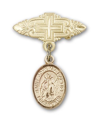 Pin Badge with St. John the Baptist Charm and Badge Pin with Cross - Gold Tone