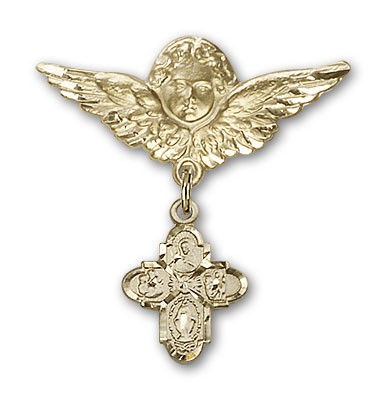 Pin Badge with 4-Way Charm and Angel with Larger Wings Badge Pin - 14K Solid Gold