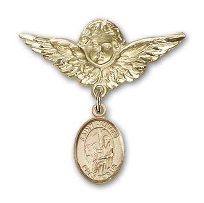 Pin Badge with St. Jerome Charm and Angel with Larger Wings Badge Pin - Gold Tone