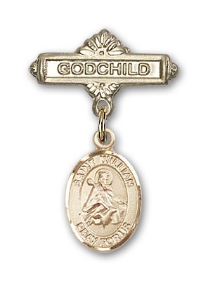 Pin Badge with St. William of Rochester Charm and Godchild Badge Pin - 14K Solid Gold