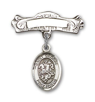 Pin Badge with St. George Charm and Arched Polished Engravable Badge Pin - Silver tone