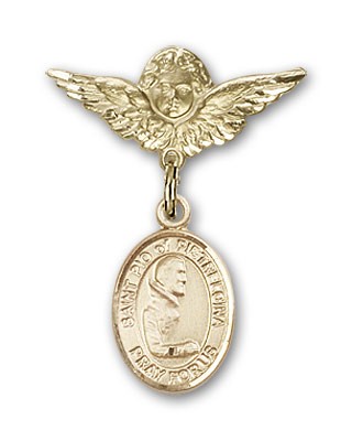 Pin Badge with St. Pio of Pietrelcina Charm and Angel with Smaller Wings Badge Pin - Gold Tone