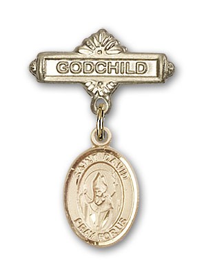 Pin Badge with St. David of Wales Charm and Godchild Badge Pin - 14K Solid Gold
